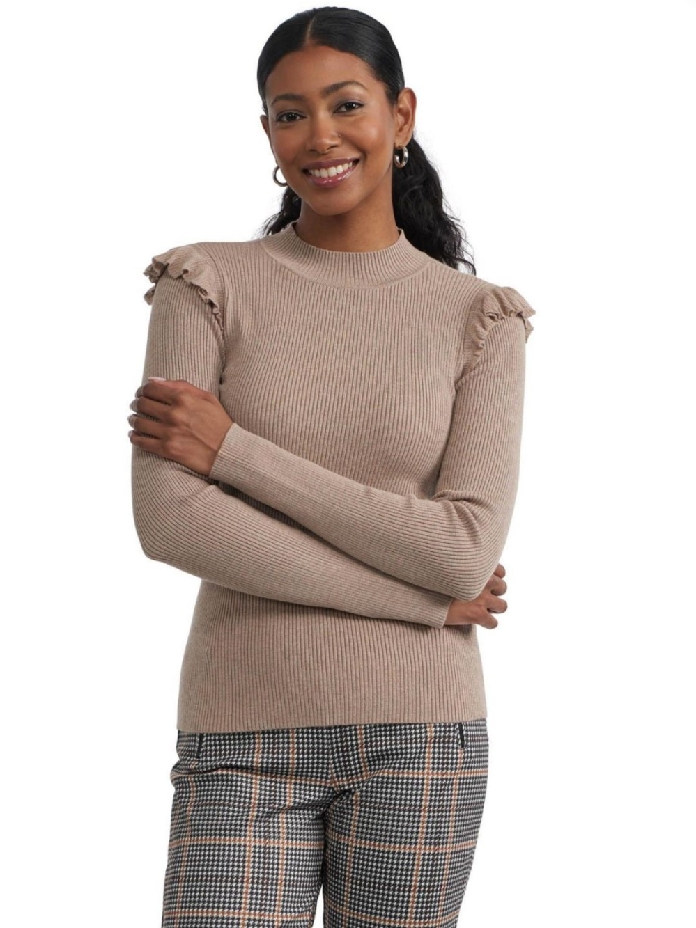 Mexx Taupe Ribbed Mock Neck Sweater with Ruffle Shoulders